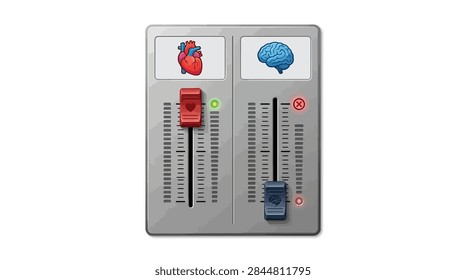 The image shows a metallic gray rectangular control panel with two white boxes at the top. The left box contains a red anatomical heart illustration, and the right box holds a blue brain illustration. Below each illustration is a vertical slider track with a fader knob; the left fader is red with a heart icon and a green indicator light, while the right fader is blue with a brain icon, a red X indicator above, and a red indicator light below.