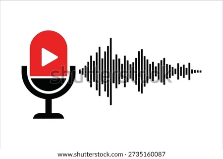 The image shows a microphone icon paired with a play button overlayed with a sound wave graphic, indicating audio recording or podcast creation.