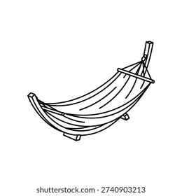 The image shows a minimalist line drawing of a hammock suspended between two wooden posts. The hammock appears to be woven with a simple pattern, and the wooden frame is depicted with basic structural lines, giving it a classic and rustic appearance. The drawing is clean and lacks color, focusing solely on the outline and form of the hammock and its supports.