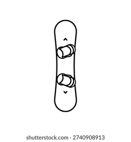 The image shows a minimalist line drawing of a snowboard positioned vertically. The snowboard features two bindings, one near the top and one closer to the middle, indicating where the rider’s boots would attach. The design is clean and straightforward, focusing on the essential components of a snowboard setup.