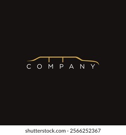 The image shows a minimalist logo design with the word 'COMPANY' in white capital letters, overlaid by a stylized gold line resembling a car silhouette on a black background