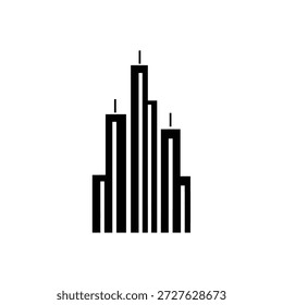 A imagem mostra uma ilustração vetorial em preto e branco minimalista de três edifícios altos ou arranha-céus isolados sobre um fundo branco plano.