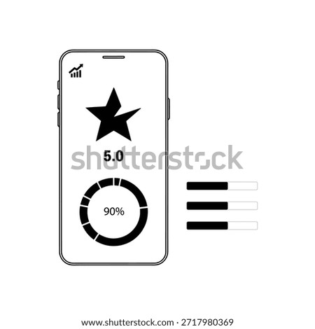 The image shows a mobile device screen displaying a high rating and a progress indicator. A prominent star symbol with a rating of 5.0 is visible at the top. Below it, there is a circular progress bar indicating 90%. To the right of the mobile device, there are three horizontal bars, two of which are filled in black, suggesting a progress or status indicator.