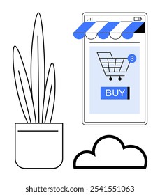 Image shows a mobile phone screen with a shopping cart icon and a buy button, a potted plant and a cloud icon. Ideal for e-commerce, mobile apps, online shopping, digital marketing, and retail