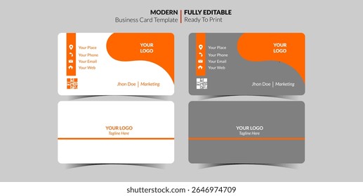 The image shows a modern, fully editable business card template in orange, white, and gray, ready to print.