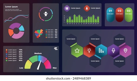 The image shows a modern user interface that includes a variety of controls such as buttons, navigation menus, and dashboards. The interface design is made in a futuristic style.