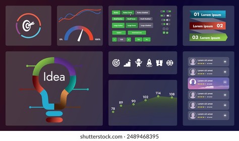 The image shows a modern user interface that includes a variety of controls such as buttons, navigation menus, and dashboards. The interface design is made in a futuristic style.