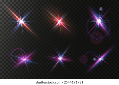 The image shows a multi-colored starlight including sunlight and dawn effect. Rainbow star. The star shines with a rainbow of red yellow and blue colors. Optical effect of fire light. Vector lens