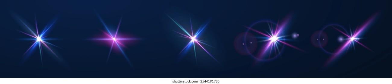 La Imagen muestra una luz estelar multicolor que incluye luz solar y efecto amanecer. Estrella del arco iris. La estrella brilla con un arco iris de colores rojo, amarillo y azul. Efecto óptico de la luz del fuego. lente de Vector