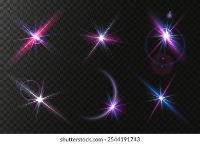 La Imagen muestra una luz estelar multicolor que incluye luz solar y efecto amanecer. Estrella del arco iris. La estrella brilla con un arco iris de colores rojo, amarillo y azul. Efecto óptico de la luz del fuego. lente de Vector
