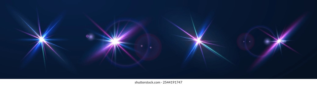 La Imagen muestra una luz estelar multicolor que incluye luz solar y efecto amanecer. Estrella del arco iris. La estrella brilla con un arco iris de colores rojo, amarillo y azul. Efecto óptico de la luz del fuego. lente de Vector
