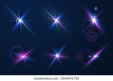 The image shows a multi-colored starlight including sunlight and dawn effect. Rainbow star. The star shines with a rainbow of red yellow and blue colors. Optical effect of fire light. Vector lens