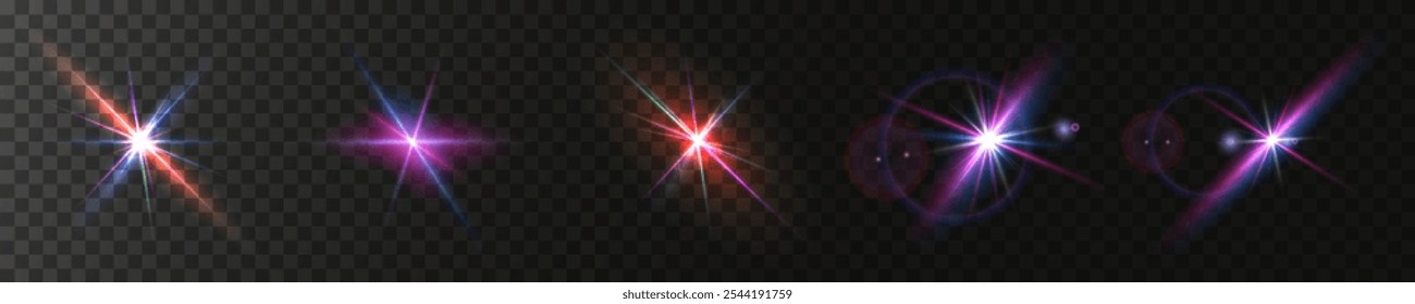 The image shows a multi-colored starlight including sunlight and dawn effect. Rainbow star. The star shines with a rainbow of red yellow and blue colors. Optical effect of fire light. Vector lens