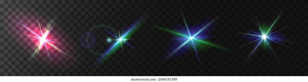 The image shows a multi-colored starlight including sunlight and dawn effect. Rainbow star. The star shines with a rainbow of red yellow and blue colors. Optical effect of fire light. Vector lens