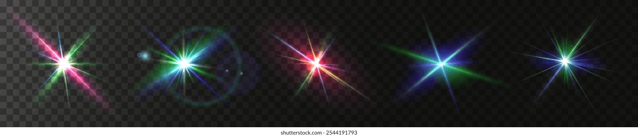 The image shows a multi-colored starlight including sunlight and dawn effect. Rainbow star. The star shines with a rainbow of red yellow and blue colors. Optical effect of fire light. Vector lens
