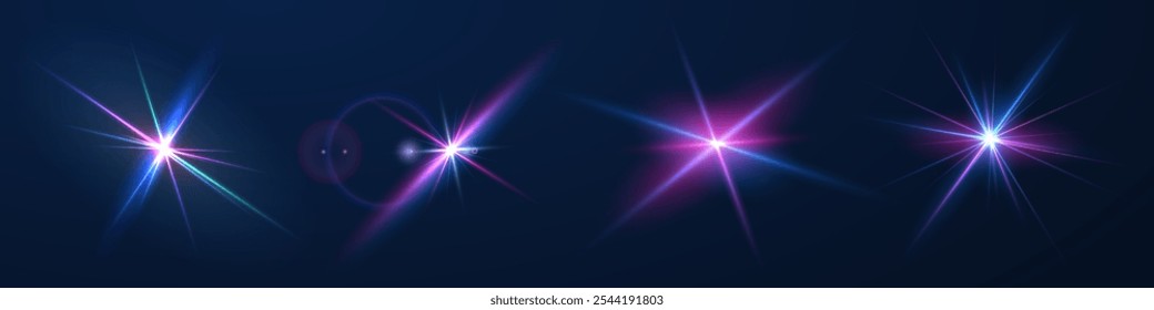 A imagem mostra uma luz estelar multicolorida, incluindo luz solar e efeito de alvorecer. Estrela do arco-íris. A estrela brilha com um arco-íris de cores vermelho, amarelo e azul. Efeito óptico da luz de fogo. Lente vetorial