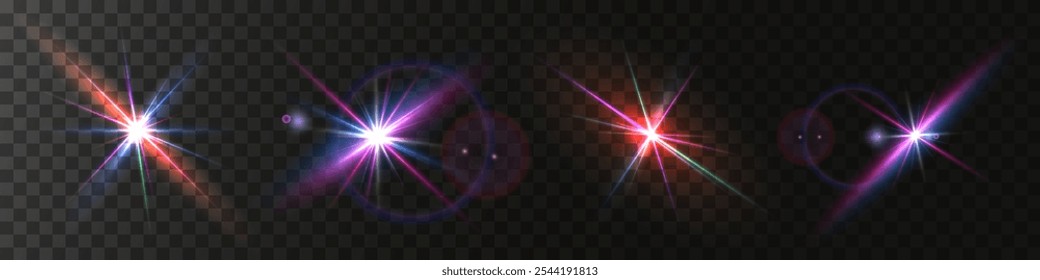 The image shows a multi-colored starlight including sunlight and dawn effect. Rainbow star. The star shines with a rainbow of red yellow and blue colors. Optical effect of fire light. Vector lens