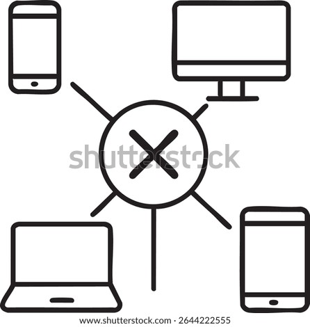 The image shows a network of devices, including a computer, laptop, and two smartphones, all disconnected from a central hub.