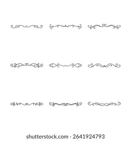 The image shows nine different black flourish dividers on a white background. These are decorative elements for graphic design use.
