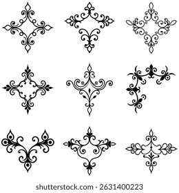 Image shows nine distinct flourished black calligraphic ornaments, artistically arranged on a clean white background, each featuring symmetrical configurations and scrollwork.