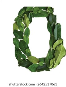 An image shows the number zero formed from various green leaves in different shades and shapes, creating a natural and eco-friendly representation of the digit.