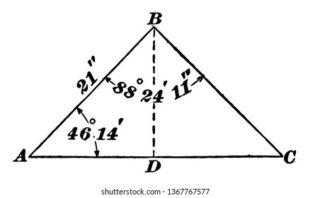 The image shows the oblique triangle. It has alternating angles, interior, exterior and corresponding together with its measurements Side 21 'and Angles 88  24' 11 "and 46  14, vintage line drawing