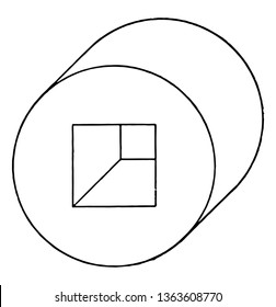 The image shows the oblique view of the hollow cylinder. It's like a horizontal concentric round disc and there's a small square hole inside and it's at its height base, vintage line drawing