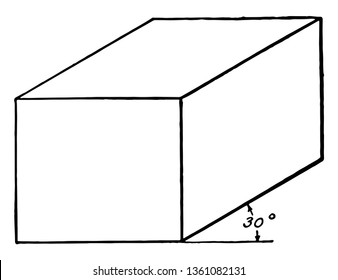 The image shows an oblique view of a rectangular solid / prism at 30 , vintage line drawing or engraving illustration.