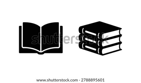 The image shows an open book and a stack of three closed books in a simple black silhouette style against a white background.