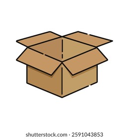 The image shows an open cardboard box with flaps. It has simple, stylized lines and a brown color scheme. This is a typical shipping or storage box.