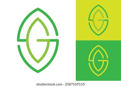 The image shows an outline logo design of an initial letter SG in a leaf shape in green color that looks clean and fresh on a white background