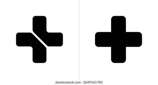 The image shows a pair of black crosses, distinguished by their rounded edges, displayed against a stark white backdrop. Medical symbol with glyph style.