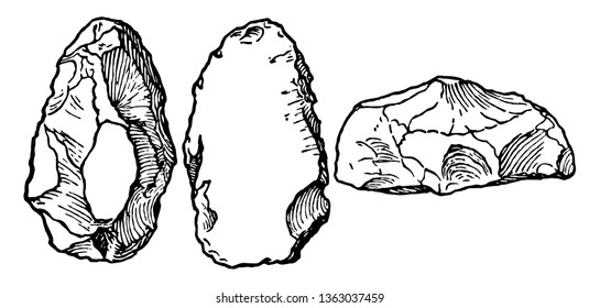 The image shows the Paleolithic Stone. It has three rostro-carinate stones. There are three hard stones, in which two are straight and another is a small flat piece, vintage line drawing or engraving