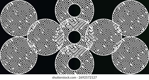 The image shows a pattern of circles and rings with maze-like designs in black and white.