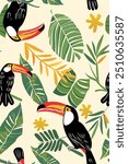 The image shows a pattern featuring toucans, tropical leaves, and small yellow flowers on a light background. The toucans are black with white chests and large orange beaks.