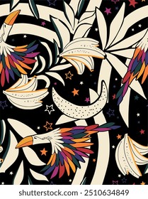 The image shows a pattern of stylized birds in flight, crescent moons, and stars on a black background. The birds are in shades of purple, orange, and white, creating a whimsical and dreamy design.