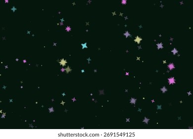 La Imagen muestra un patrón de estrellas geométricas vibrantes y multicolores esparcidas sobre un fondo oscuro, creando un efecto decorativo festivo y abstracto.