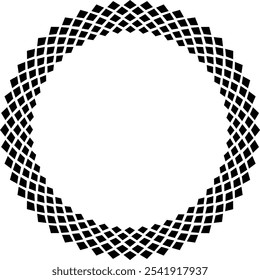 La Imagen muestra un patrón perfectamente circular en forma de guirnalda compuesto de Pequeños diamantes negros o Formas cuadradas dispuestas en una espiral geométrica sobre un fondo blanco.