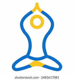 The image shows a person doing yoga in blue and yellow colors