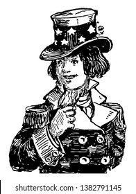 Image shows the picture of Uncle Sam. He has been a popular symbol of the US government in American culture and a manifestation of patriotic emotion, vintage line drawing or engraving illustration.