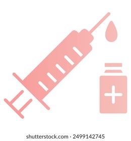 The image shows a pink syringe with a drop of liquid and a pink bottle with a cross, representing medicine or medication.