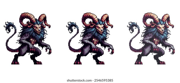 The image shows a pixel art creature with ram horns red eyes a skeletal face a dark furry body and clawed limbs.