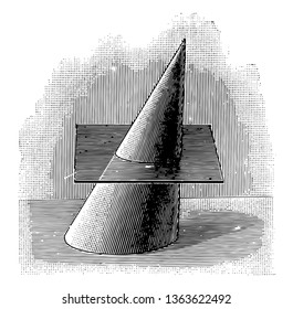 The image shows the plane parallel to the base, passing through a cone. The cone is parallel to the plane and crosses it, vintage line drawing or engraving illustration.