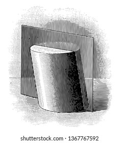The image shows the plane passing through a cylinder. There is a plane that passes through the Cylinder that makes two equal vertical parts of the cylinder, vintage line drawing or engraving