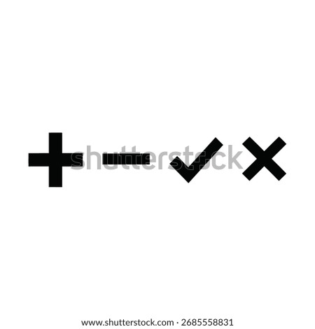 The image shows a plus sign, minus sign, check mark, and multiplication sign.