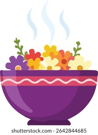 The image shows a purple bowl full of colorful flowers and greenery with steam rising.