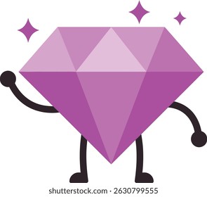 La Imagen muestra un personaje de dibujos animados de piedras preciosas de diamante púrpura con estrellas brillantes y lindos brazos y piernas de pie juguetonamente en un estilo simple. Sentimiento alegre y divertido.