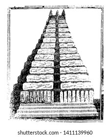 Das Bild zeigt die Pyramiden Ägyptens. Sie sind mit Steinen gebaut, die sich überschneiden und von unten nach oben Schritte bilden, mit Vintage-Linien-Zeichnung oder Graviergrafik.