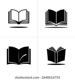 Image shows a quartet of minimalist open book illustrations in black against a white background. Each book has a unique style, rendered as a flat vector icon.