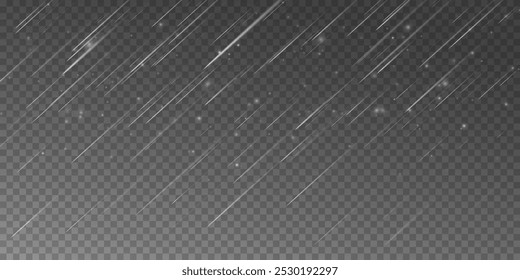 The image shows raindrops on a transparent background. The second image shows a downpour with rain and white clouds isolated on a transparent background. The third image shows a downpour with hail. Th